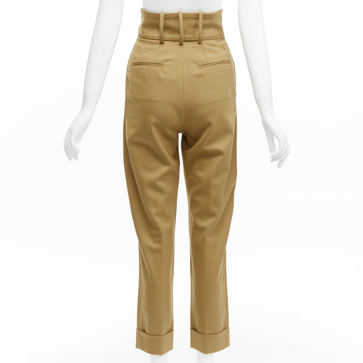 SARA BATTAGLIA khaki wool high waisted tie belt cuffed tapered pants  IT36 XXS