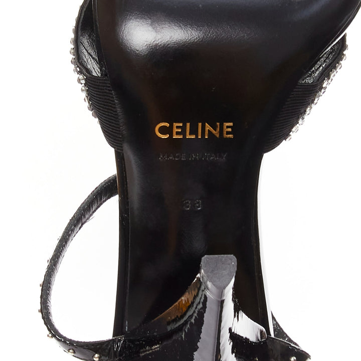 CELINE Hedi Slimane black patent leather silver crystals sandal heels EU38