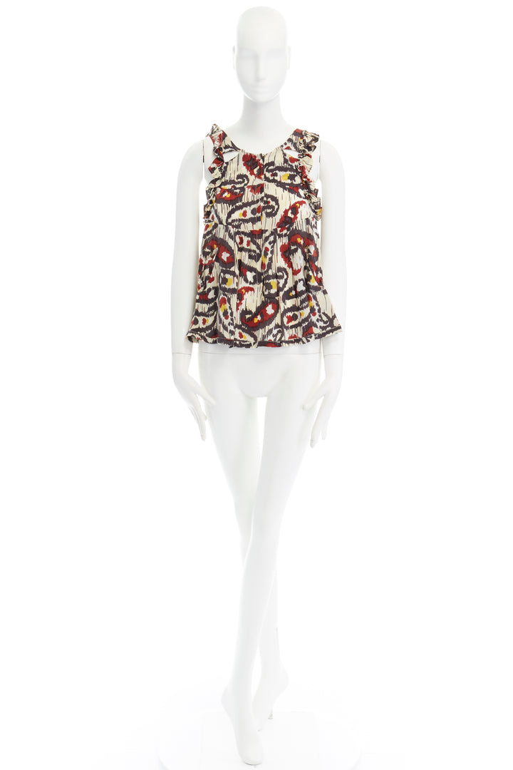 ISABEL MARANT Ikat cream ethnic print silk ruffle cut-out top FR34 XS US2 UK6