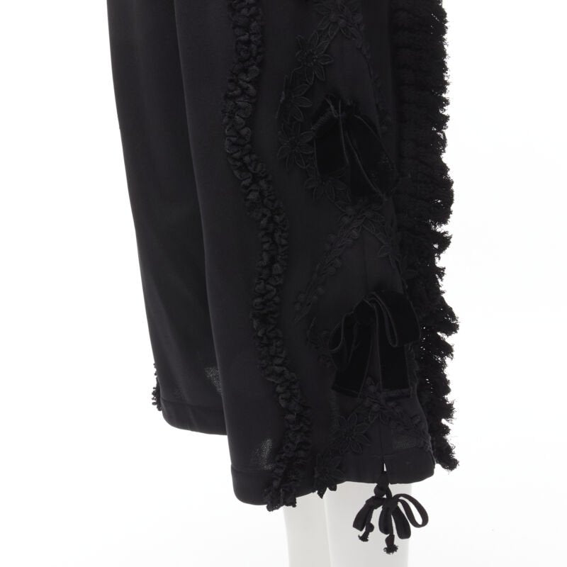 TRICOT COMME DES GARCONS black ruffle floral velvet ribbon trim wide pants S