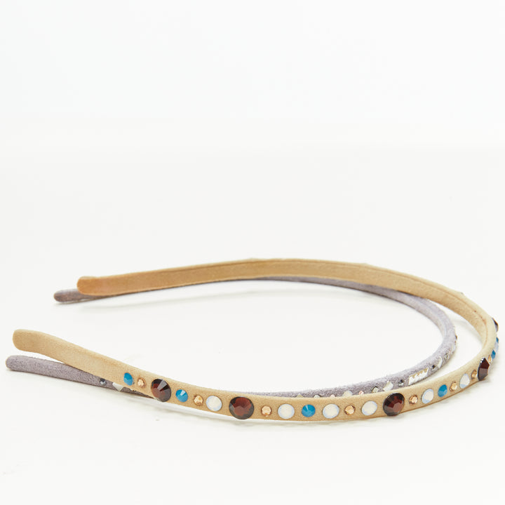 ALEXANDRE ZOUARI beige grey suede colorful rhinestone skinny headband X2
