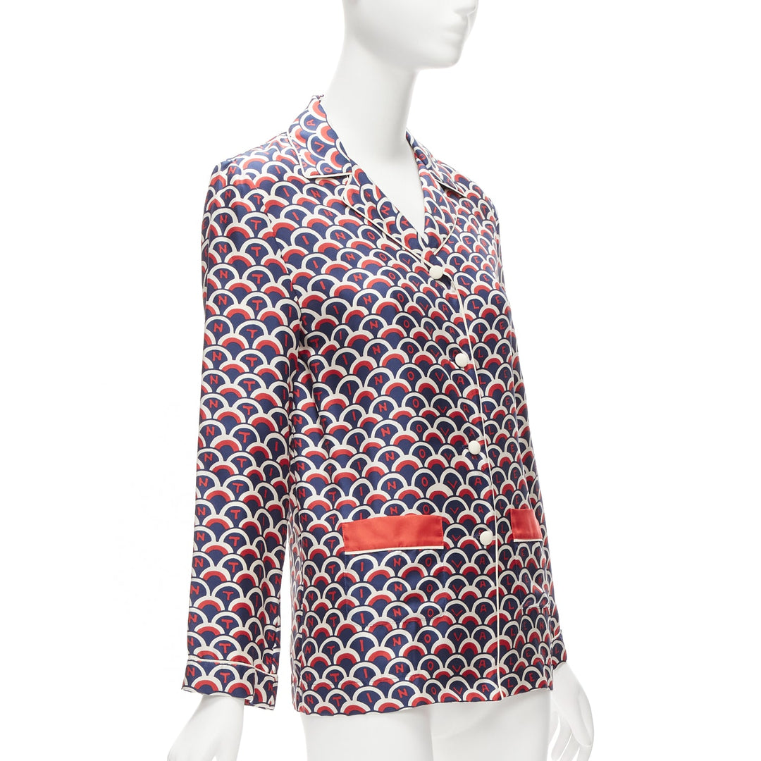 VALENTINO  100% silk Scale navy red logo print pajama shirt IT36 XXS