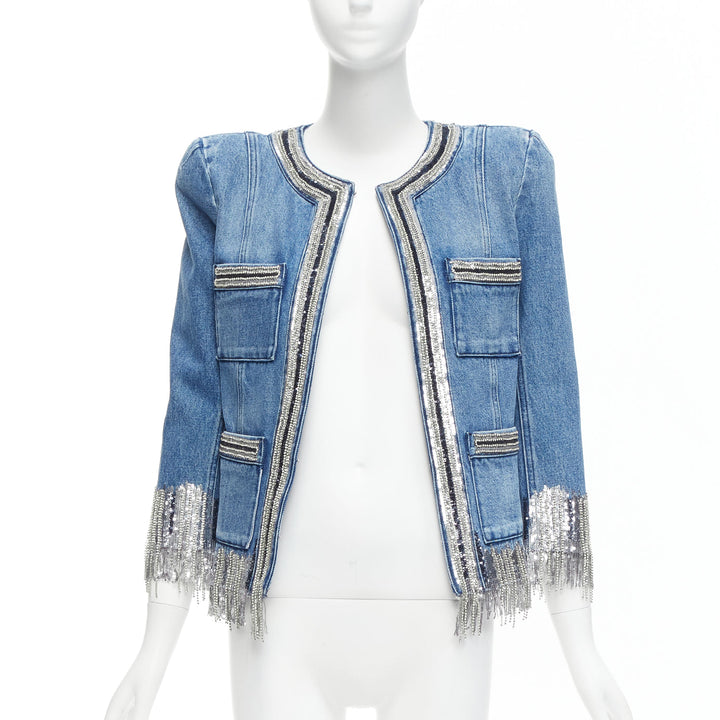 BALMAIN blue washed cotton denim silver crystal embellished trim jacket FR36 S