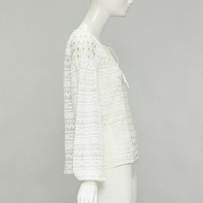 TEMPERLEY LONDON white sheer gold jacquard crochet lace bohemian top US4 S