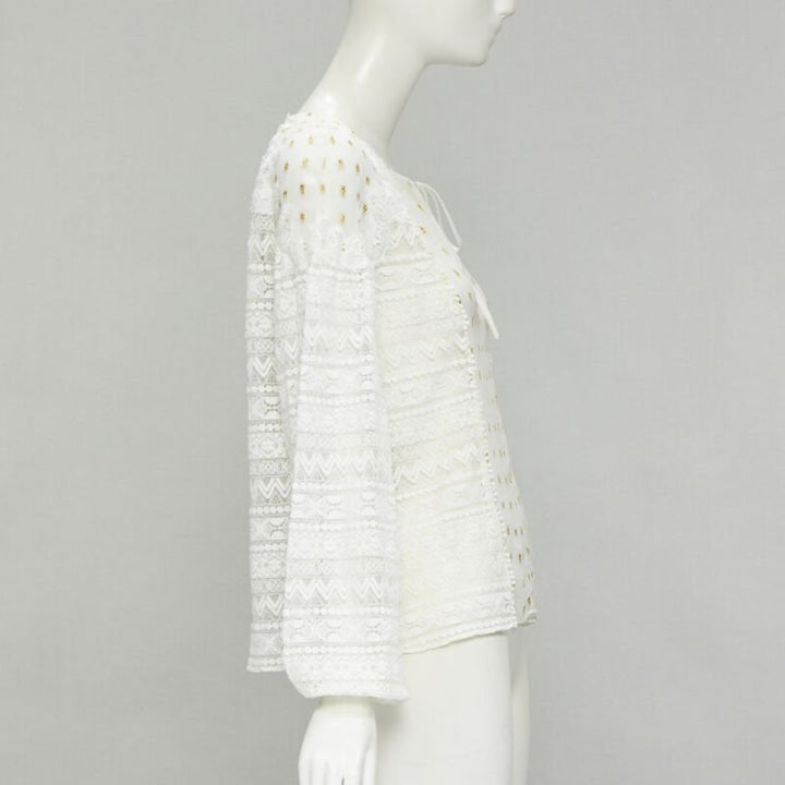 TEMPERLEY LONDON white sheer gold jacquard crochet lace bohemian top US4 S