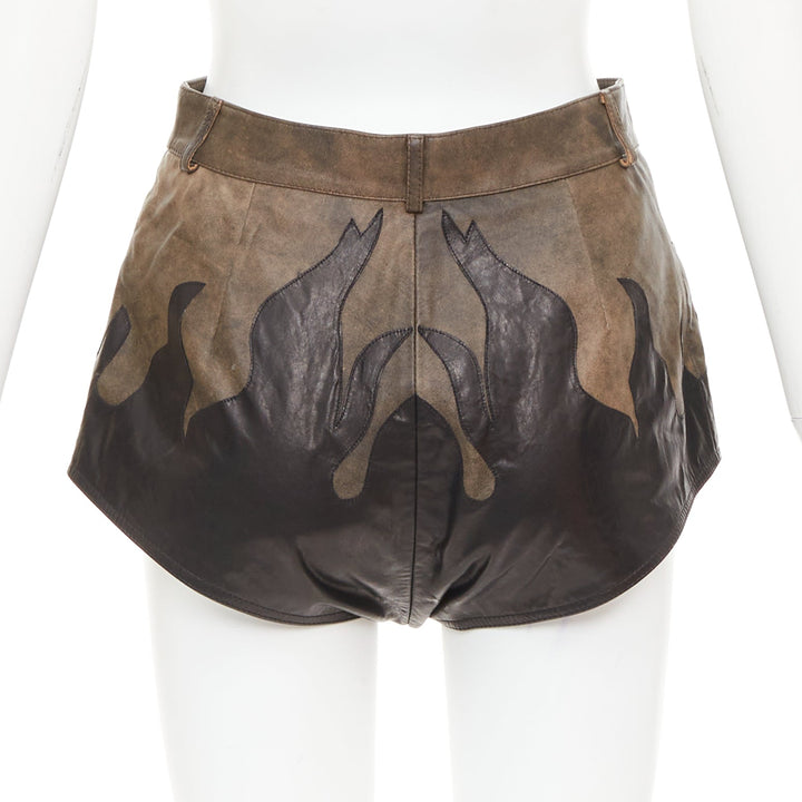ALESSANDRA RICH brown black sheepskin leather patchwork flame shorts IT40 S