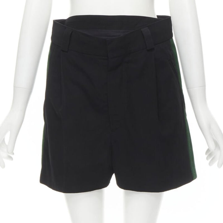HAIDER ACKERMANN black green grosgrain trimmed side pleated front shorts FR34 XS