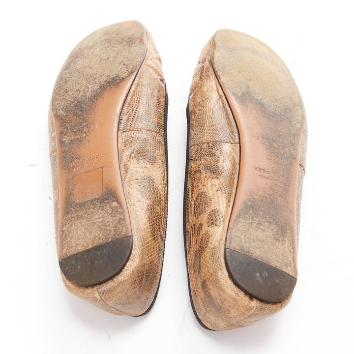 ALAIA brown scaled leather black bow trim ballerina flats shoes EU37
