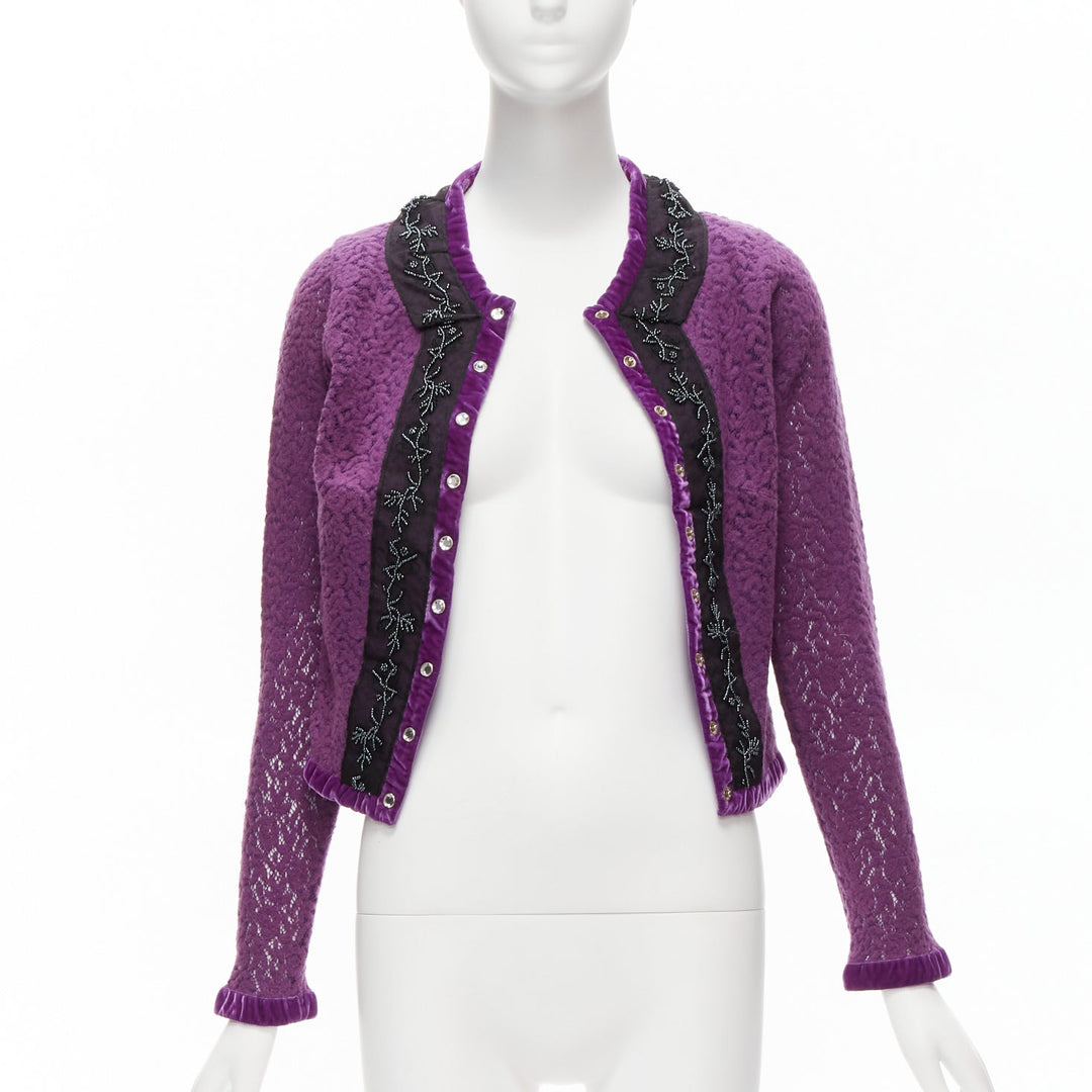 VOYAGE INVEST IN THE ORIGINAL LONDON purple wool black lace velvet cardigan M
