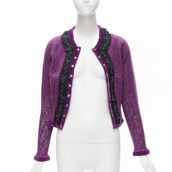 VOYAGE INVEST IN THE ORIGINAL LONDON purple wool black lace velvet cardigan M