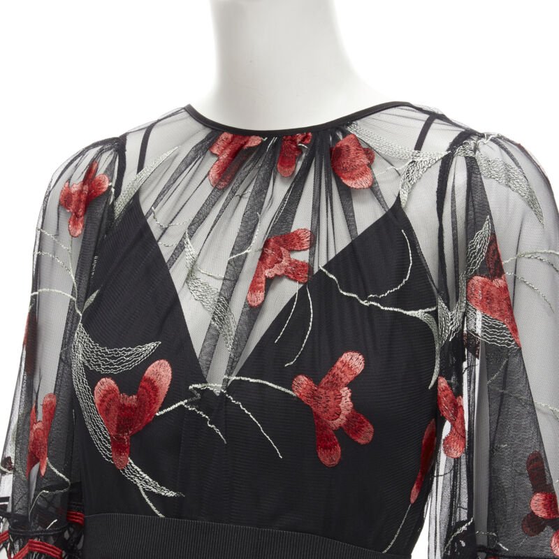 ALICE MCCALL Wish you Were Here black red guipere lace floral tulle dress US2 XS