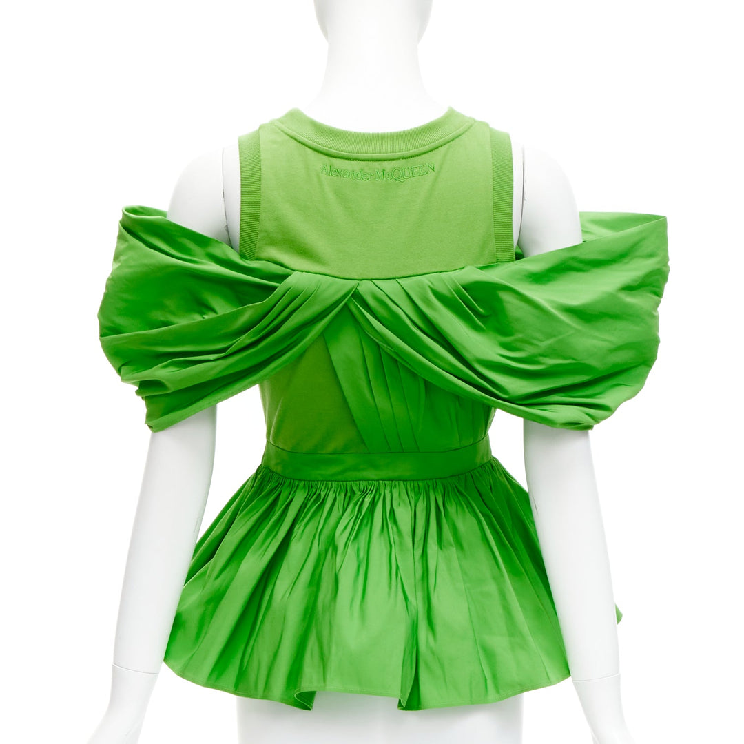ALEXANDER MCQUEEN 2023 green cotton pleated peplum faille cold shoulder top IT38