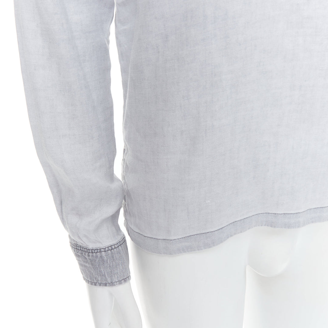 A.P.C. grey linen blend washed distressed slit collar long sleeve shirt S