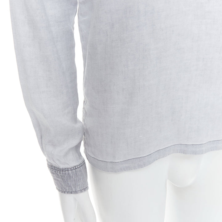 A.P.C. grey linen blend washed distressed slit collar long sleeve shirt S