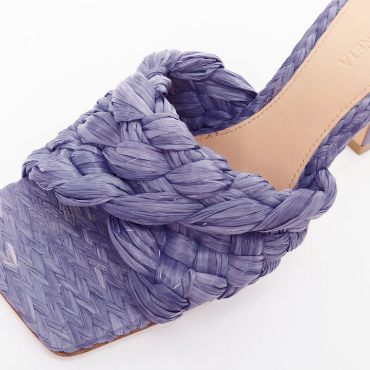 BOTTEGA VENETA Stretch purple woven raffia wicker heel mule sandal EU37