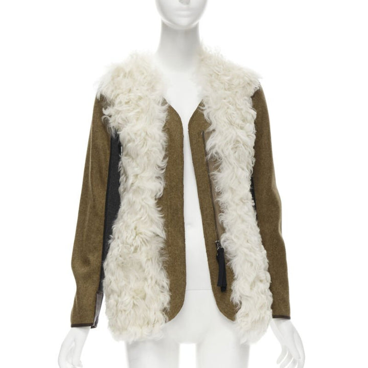 MARNI 2011 cream lamb shearling fur brown wool sleeves winter coat IT38 XS