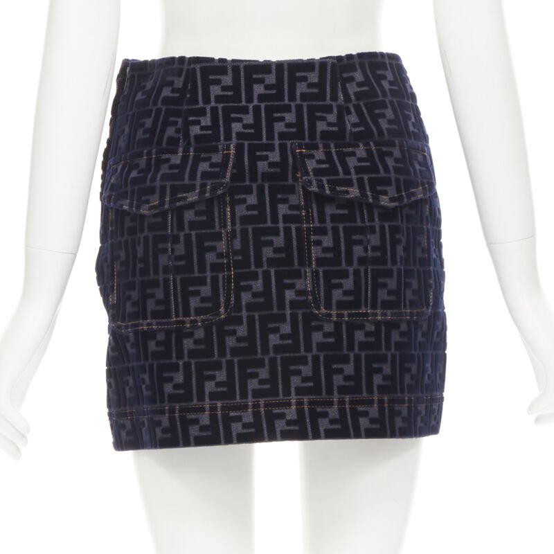 FENDI FF Zucca monogram velvet flocking mini denim skirt S