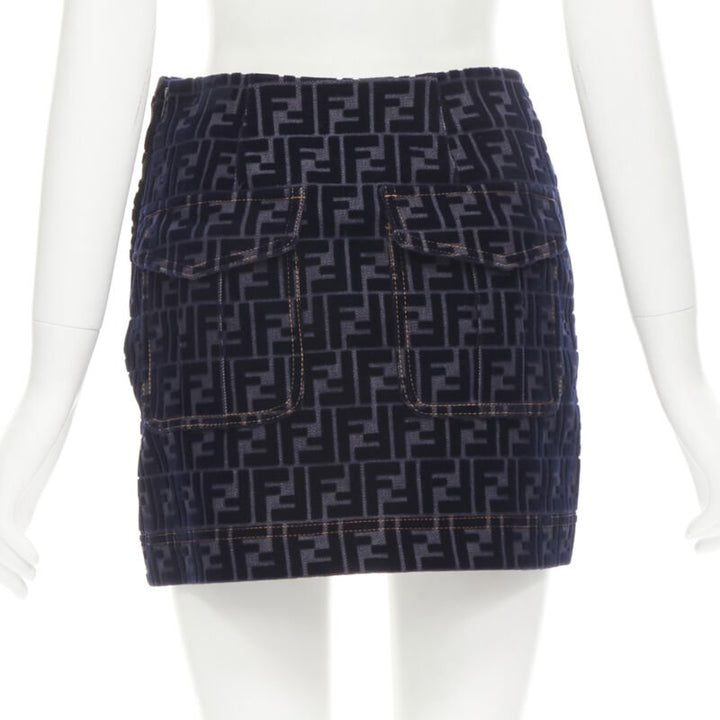 FENDI FF Zucca monogram velvet flocking mini denim skirt S