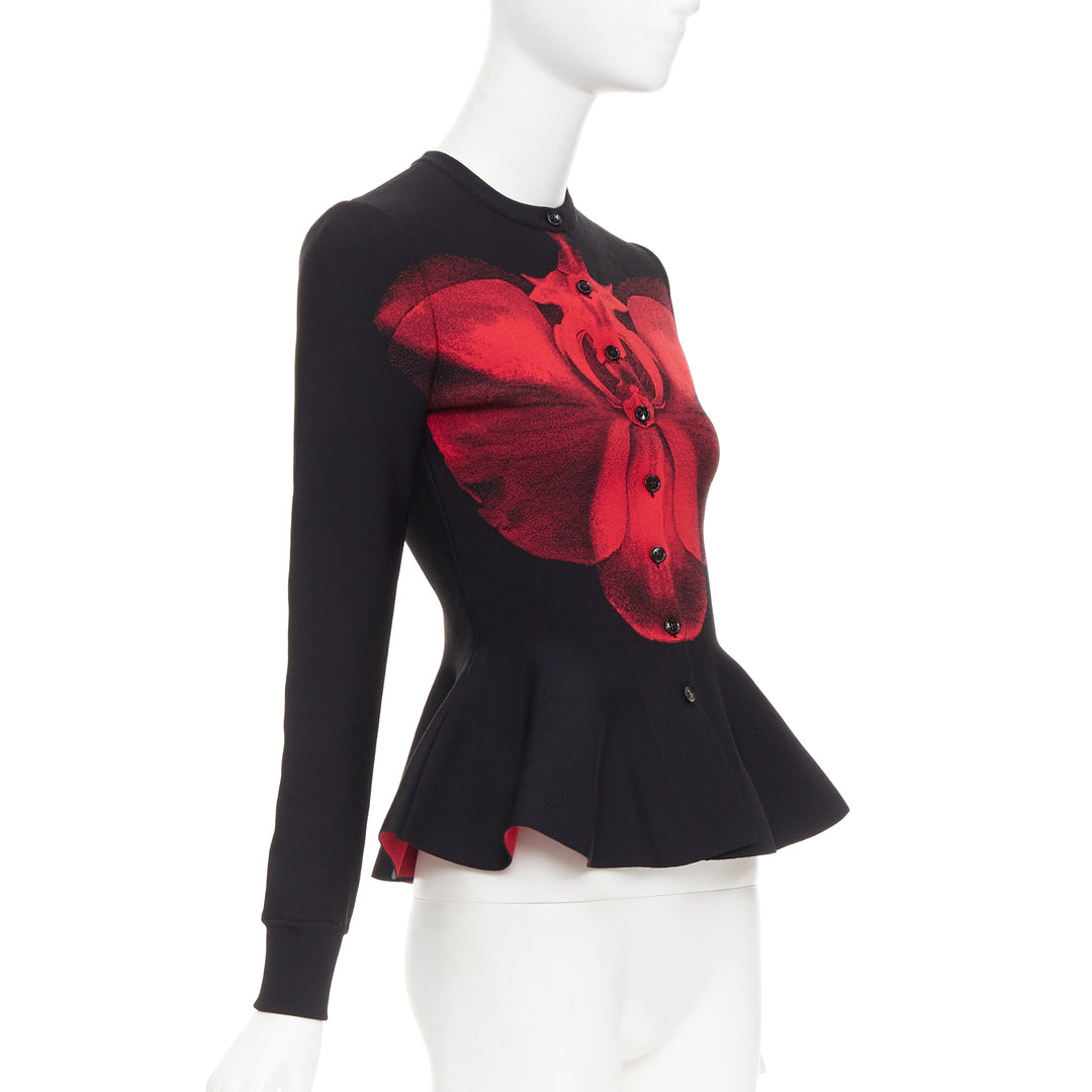 ALEXANDER MCQUEEN 2023 Ethereal Orchid red floral jacquard peplum cardigan S