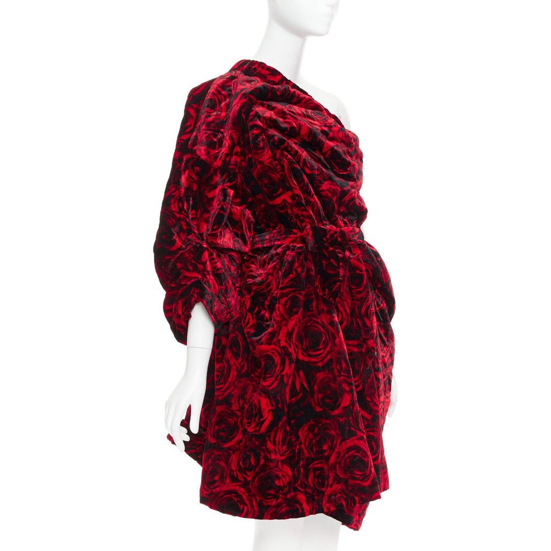 DRIES VAN NOTEN Runway Delta red rose velvet quilted one shoulder dress FR38 M