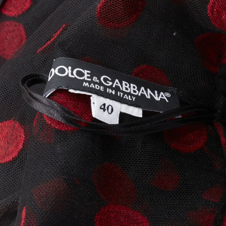DOLCE GABBANA black red polka dot embroidered tulle flared dress IT40 S