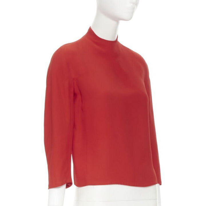 RALPH LAUREN red viscose crepe silk lined mock neck 3/4 sleeve top US0 XS