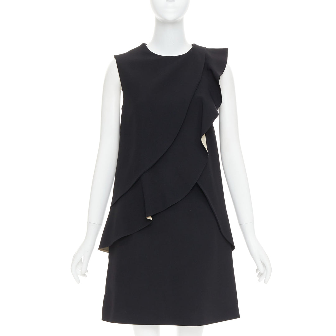 CHLOE black crepe cream silk trim asymmetric ruffle shift dress FR36 S