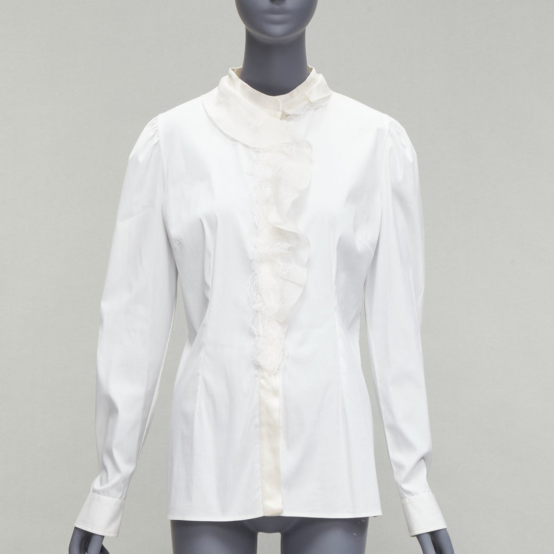 DOLCE GABBANA ivory lace ruffle collar long sleeve fitted dress shirt IT46 XL