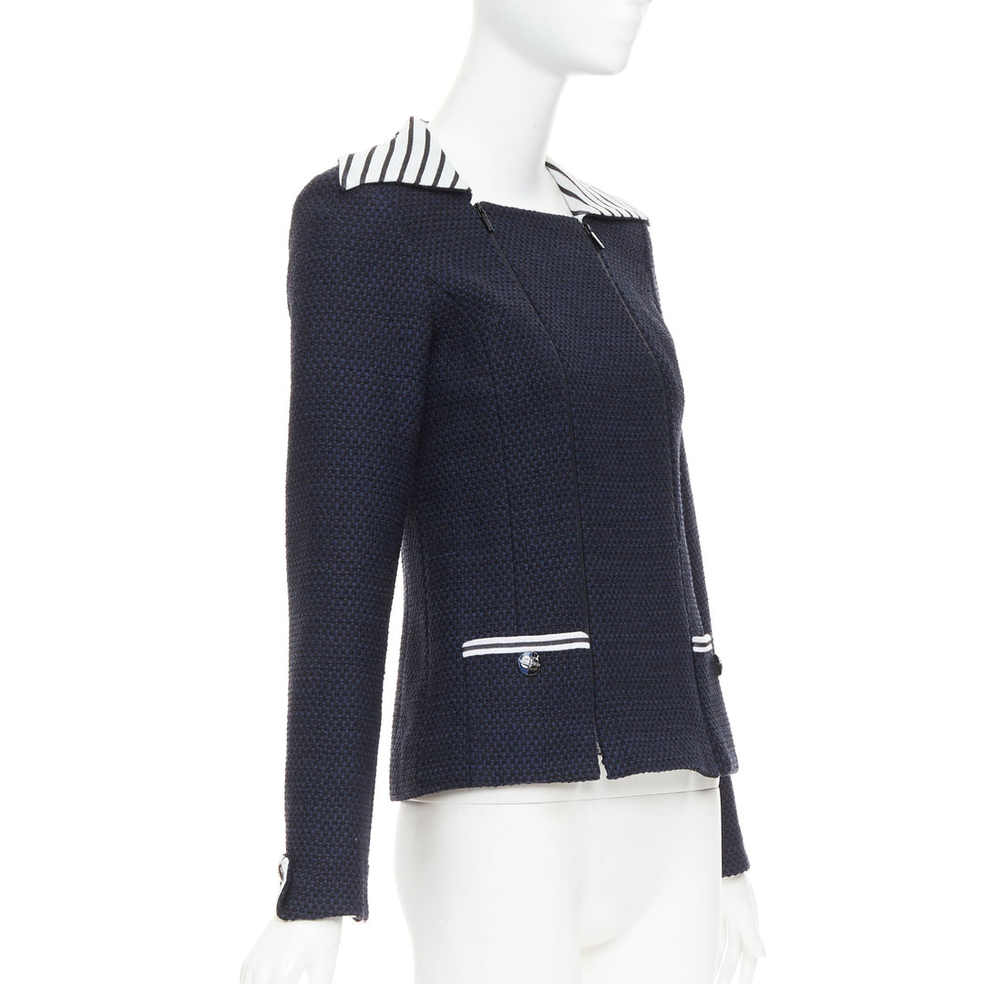 CHANEL 2017 navy white black nautical striped collar woven jacket FR34 XS