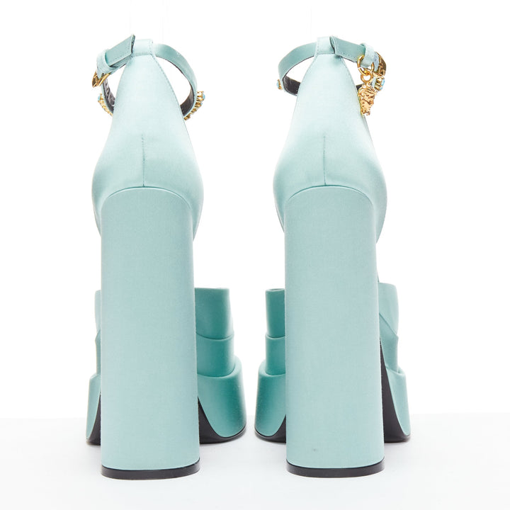 VERSACE Medusa Aevitas sky blue satin Medusa charm platform heels 37.5