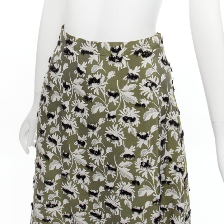 BALENCIAGA 2015 green black fringe embellishment white floral midi skirt FR36 S
