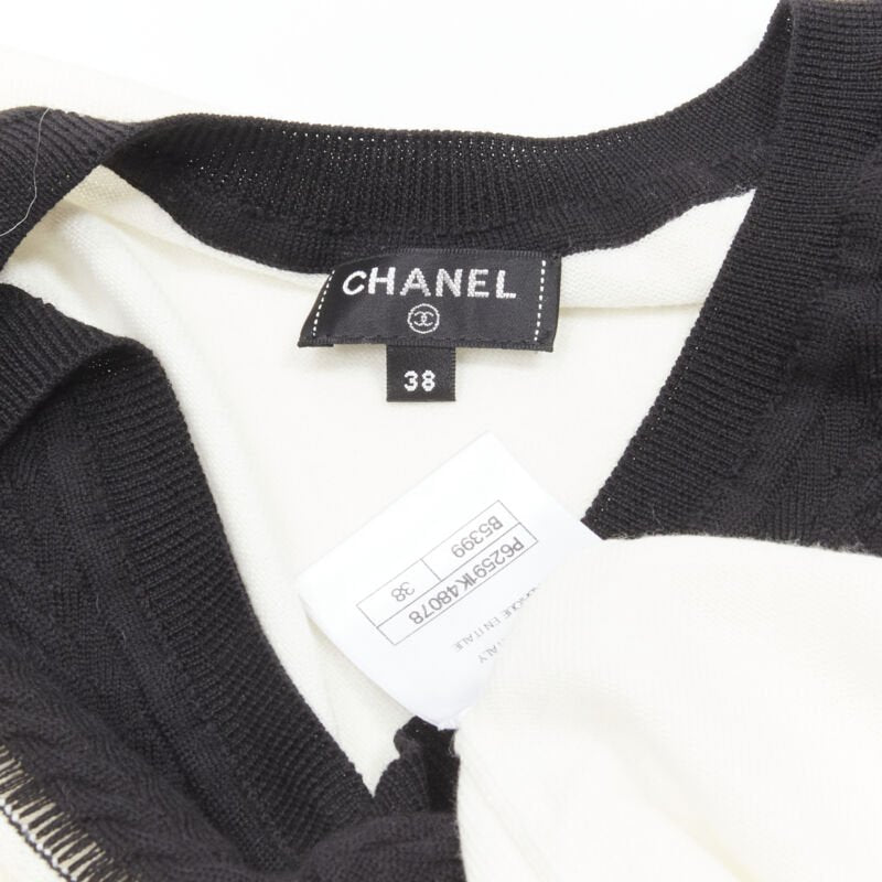 CHANEL 100% wool ivory white black intarsia chain schoolgirl sweater FR38 M
