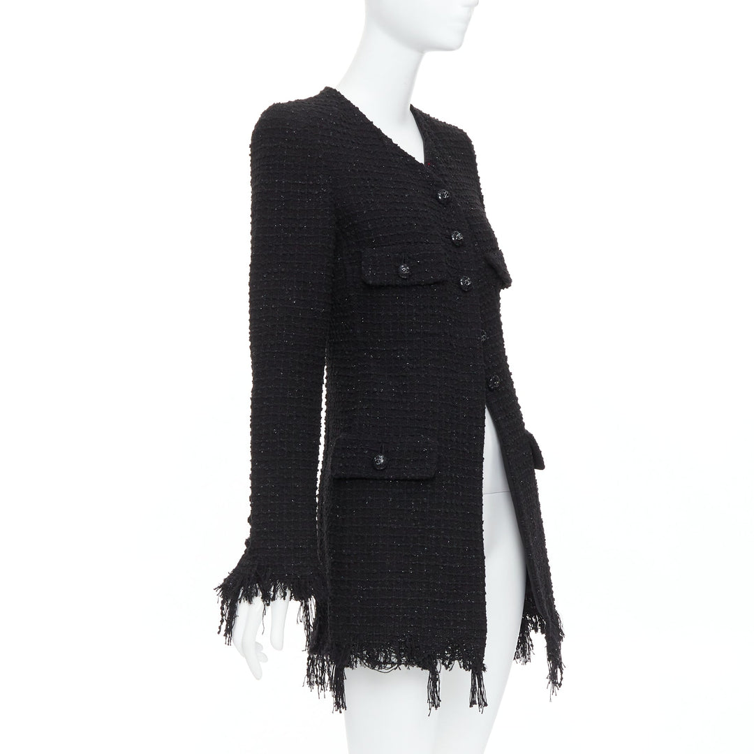 CHANEL 22C Runway black tweed fringe trim 4 pocket long jacket FR36 S