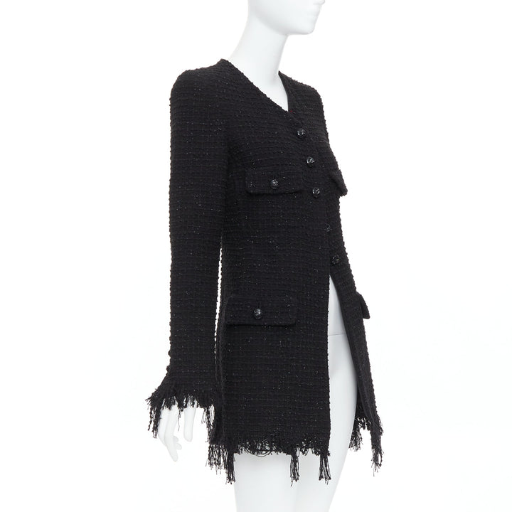 CHANEL 22C Runway black tweed fringe trim 4 pocket long jacket FR36 S