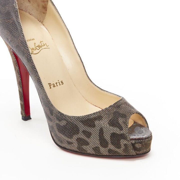 CHRISTIAN LOUBOUTIN gold lurex metallic leopard print peep toe platform EU36.5