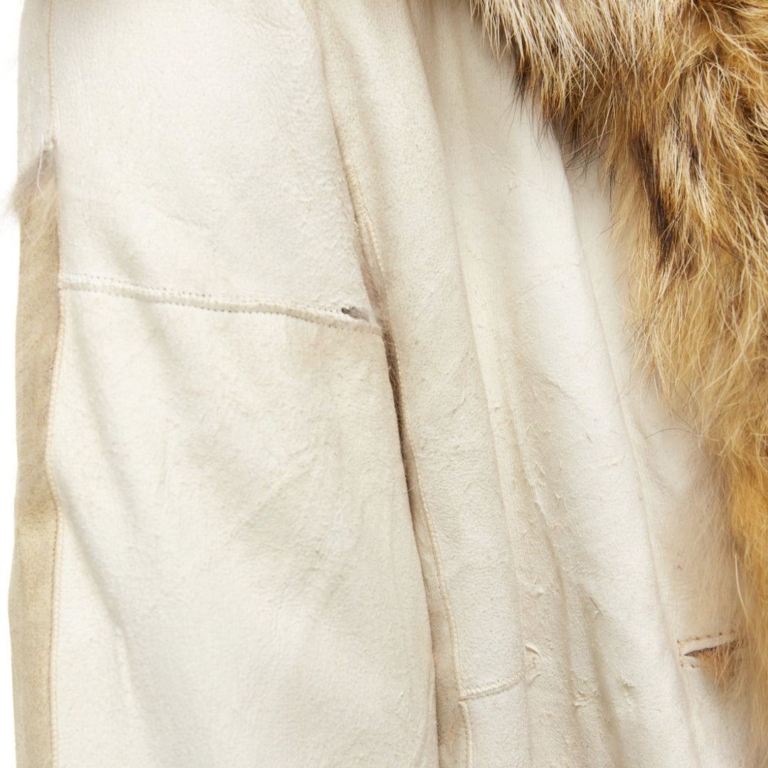 BALENCIAGA 2007 cream red 100% wool brown genuine fur lined longline coat FR36 S