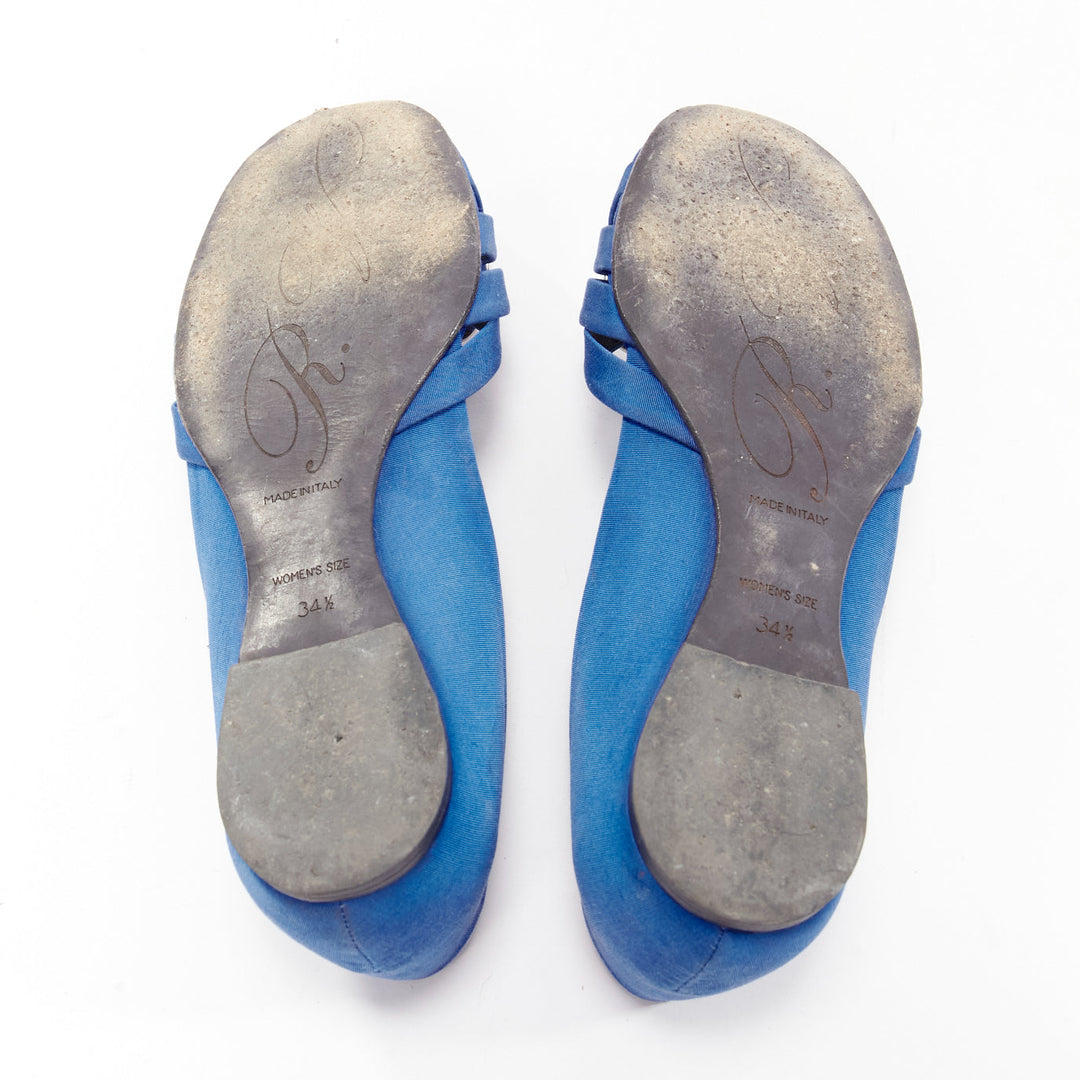 ROGER VIVIER blue satin crystal square buckles woven front pep toe flats EU34.5