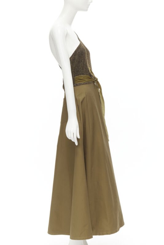 ARTCLUB Casa Miller gold lurex brown cotton twill wrap maxi dress M
