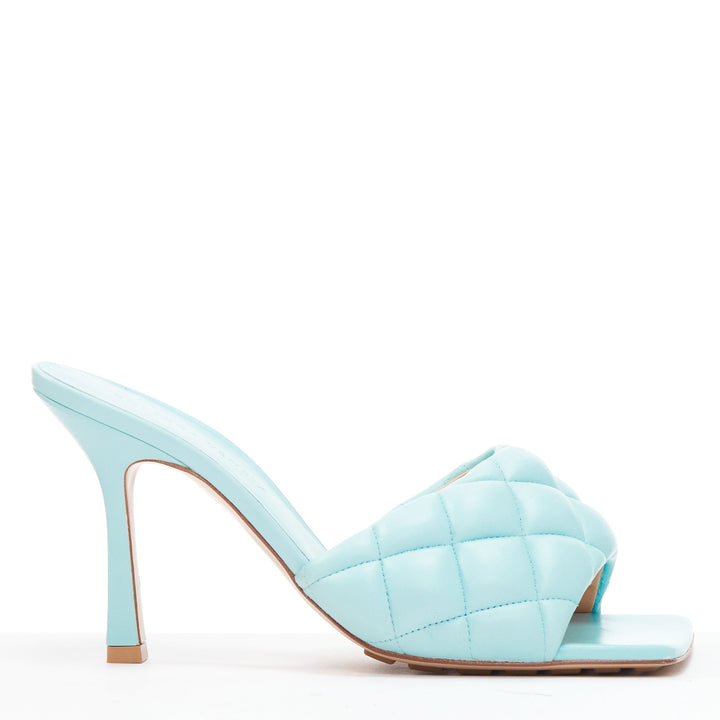 BOTTEGA VENETA Padded Matelasse light blue leather open square mule sandals EU37