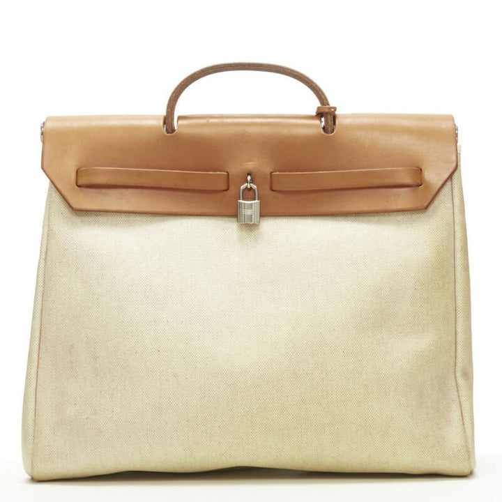 HERMES Herbag MM beige Toile coated canvas brown leather PHW 2-in-1 bag