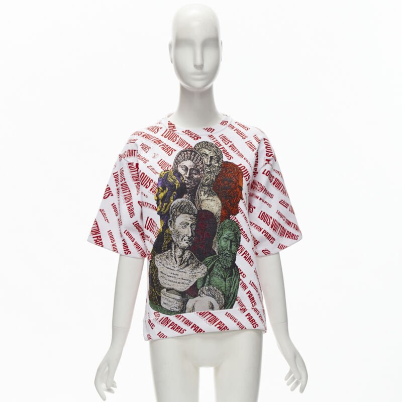 LOUIS VUITTON FORNASETTI 2021 Statue white red logo jacquard boxy knit top S