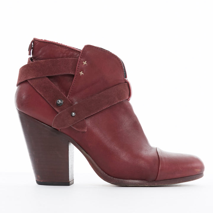 RAG BONE Harrow burgundy red leather stud harness block heel ankle boots EU38.5
