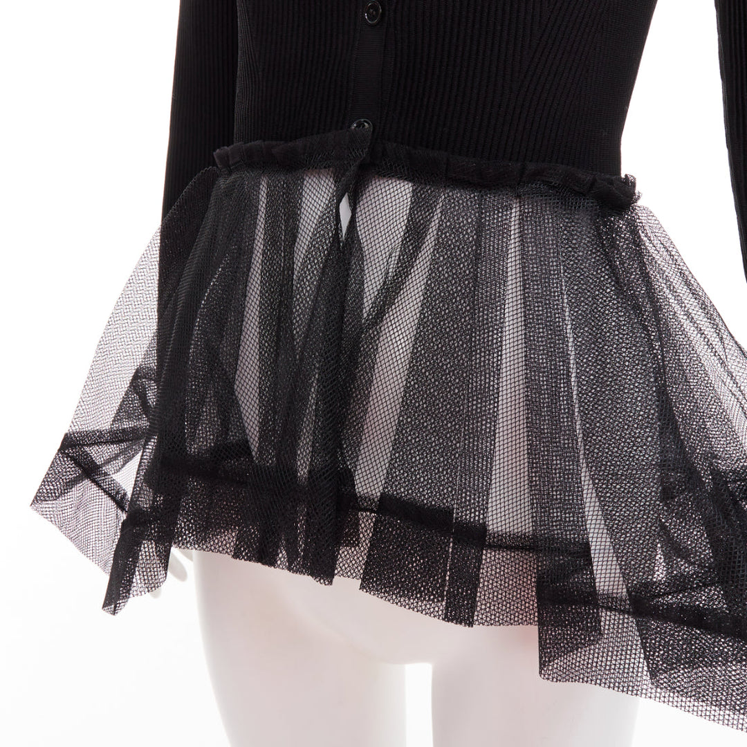 ALEXANDER MCQUEEN 2023 black ribbed stiff sheer tulle peplum cardigan sweater S