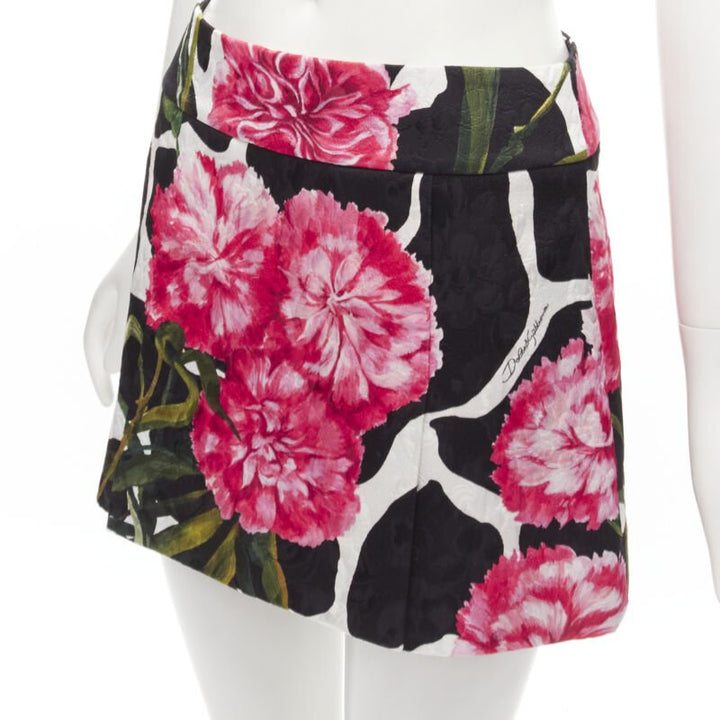 DOLCE GABBANA black pink carnation floral print jacquard mini skirt IT38 XS