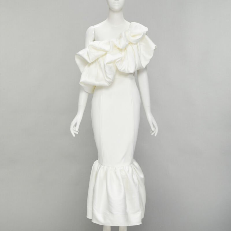 SOLACE Tove Midi white polyester ruffle cascade shoulder flounce dress UK12 M