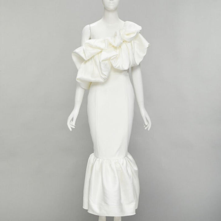 SOLACE Tove Midi white polyester ruffle cascade shoulder flounce dress UK12 M