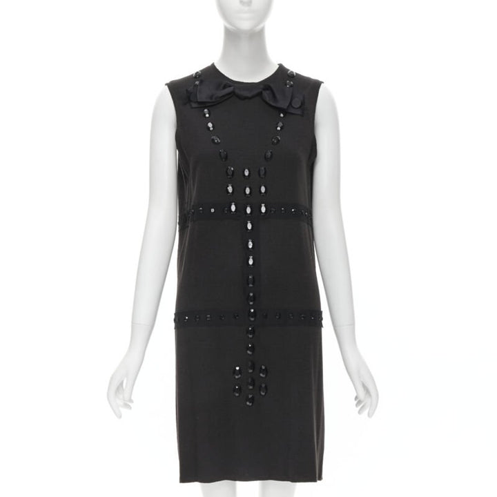 LANVIN 2004 Alber Elbaz brown wool black jewel embellished sheath dress FR38 S