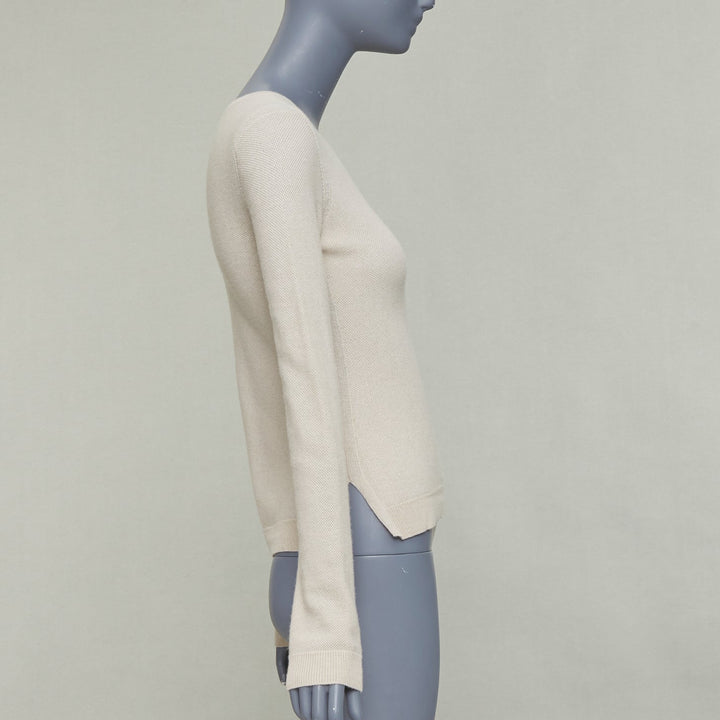 LORO PIANA 100% cashmere beige fine waffle knit crew neck sweater IT38 XS