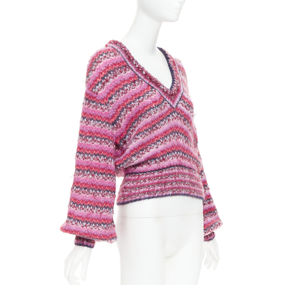 CHANEL 22A pink alpaca blend striped loose knit Vneck CC logo sweater FR38 M