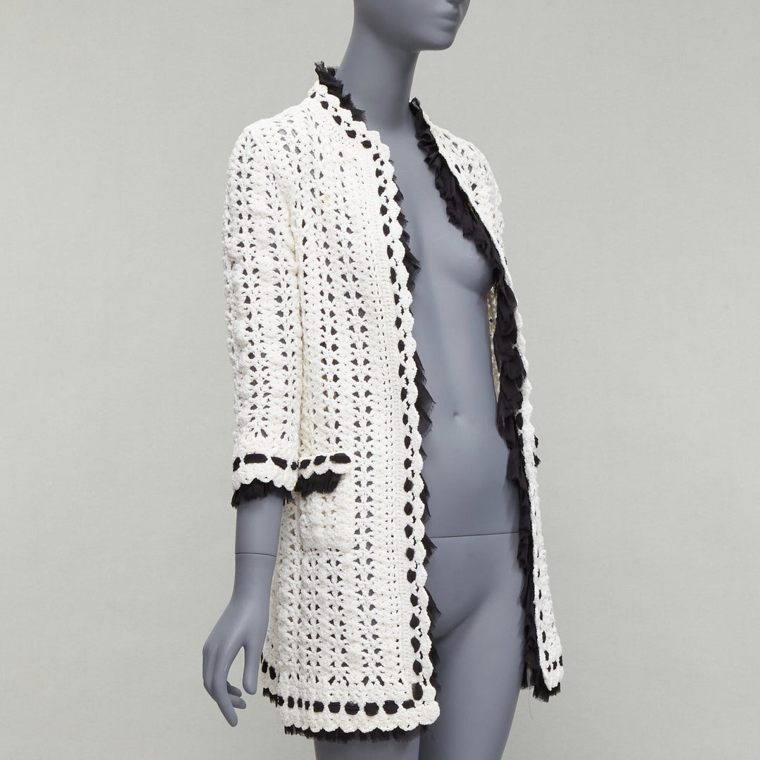 CHANEL 05P Runway cream crochet knit black silk trim cardigan coat FR38 M